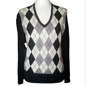 Tweeds 100% Merino Wool Black Gray Argyle Front Sweater Size Medium